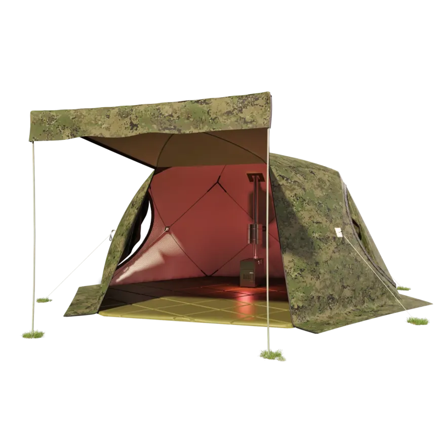 Палатка зимняя ЧУМ 2 (трехслойная, пиксель с выводом под трубу и навесом)