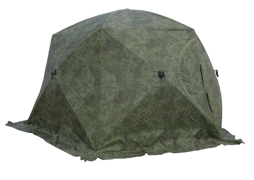 Палатка зимняя ЧУМ 2 (трехслойная, пиксель с выводом под трубу и навесом)